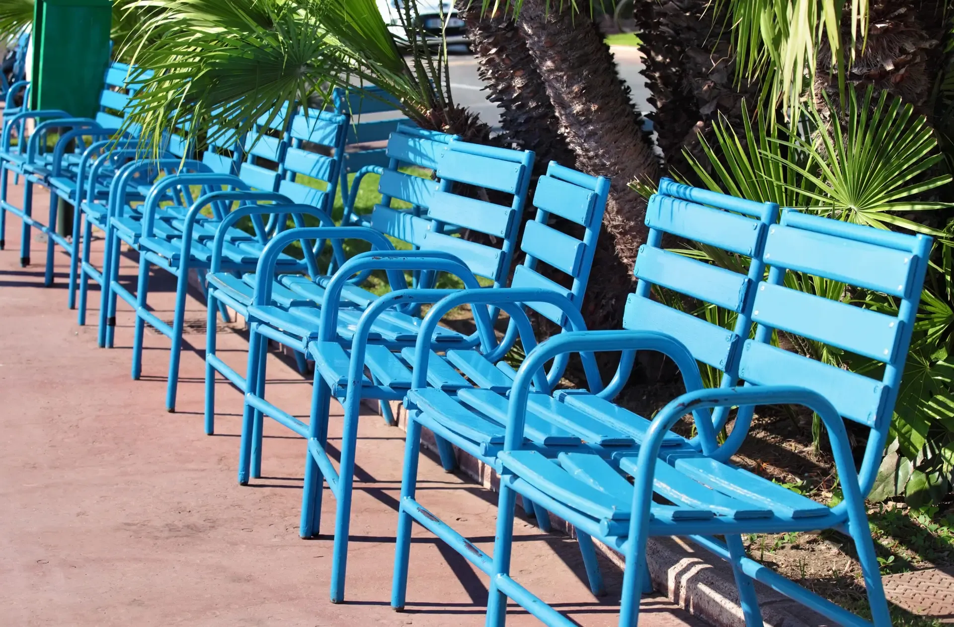 Row of seafront bench at Cannes, France
